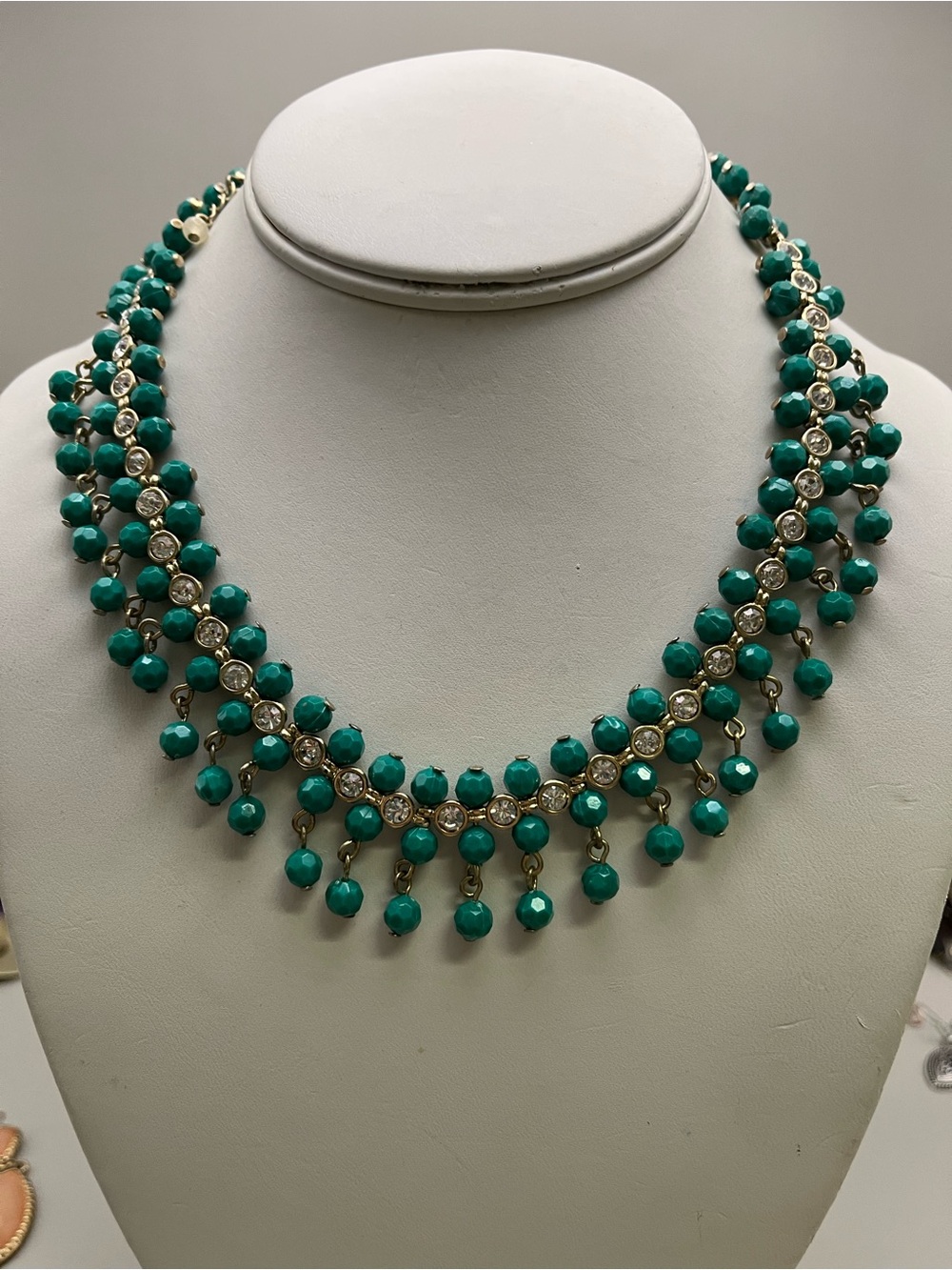 Teal Green Beaded Bib Necklace Gold Tone Rhinestone Choker Fringe Statement